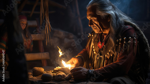 Native American storyteller shares ancient legends room aglow with fire's light.