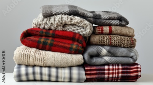 A stack of knitted throw blankets and plaid patterns is arranged on a weathered gray backdrop.