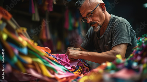 Mexican paper mache artisan creates vibrant piñata workshop filled with colors and glue scent. photo
