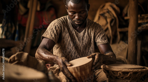 African drum carver shapes Djembe drum from wood workshop resonating with beats. © javier