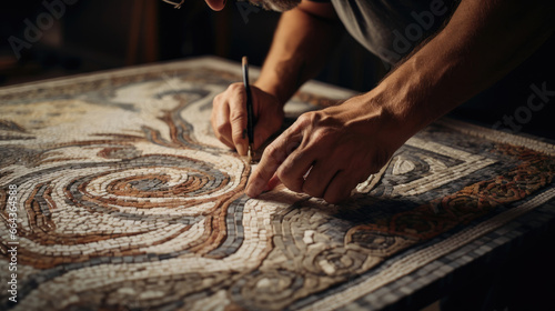 Greek mosaicist crafts breathtaking mosaic workshop filled with tile clicks and stone scent.