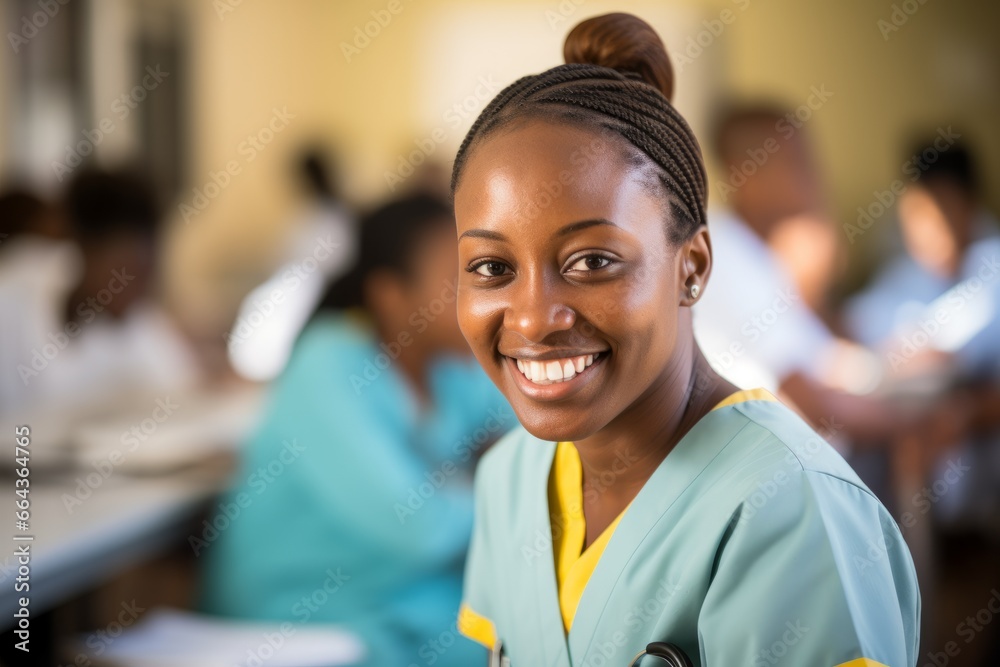 Chica afro americana sonriente estudiante de enfermería. - obrazy, fototapety, plakaty 