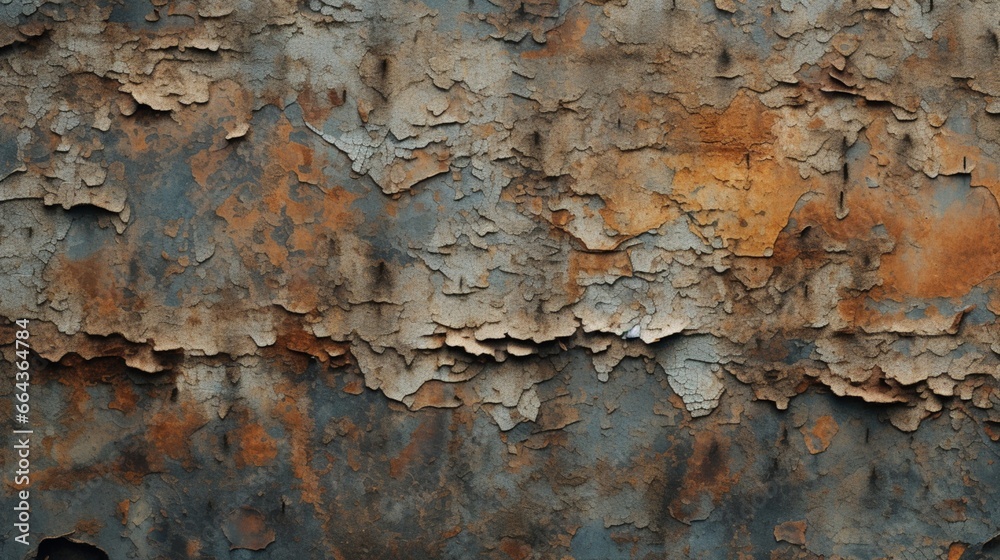A close-up of a weathered, rusty metal surface with peeling paint and intricate patterns of decay.
