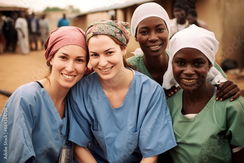Enfermeras y doctoras de diferentes paises colaborando en paises del tercer mundo. Voluntariado.  photo