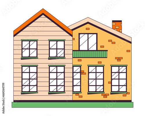 Duplex apartments 2D linear cartoon object. Townhouse residential isolated line vector element white background. Neighborhood suburban. Dwelling exterior. Condo building color flat spot illustration