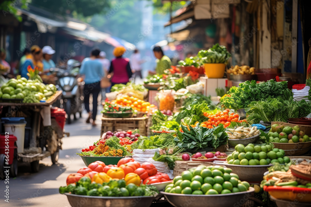 Bustling Street Market in Hanoi, Vietnam: A Cultural Experience with Vibrant Vendors and Fresh Produce.



