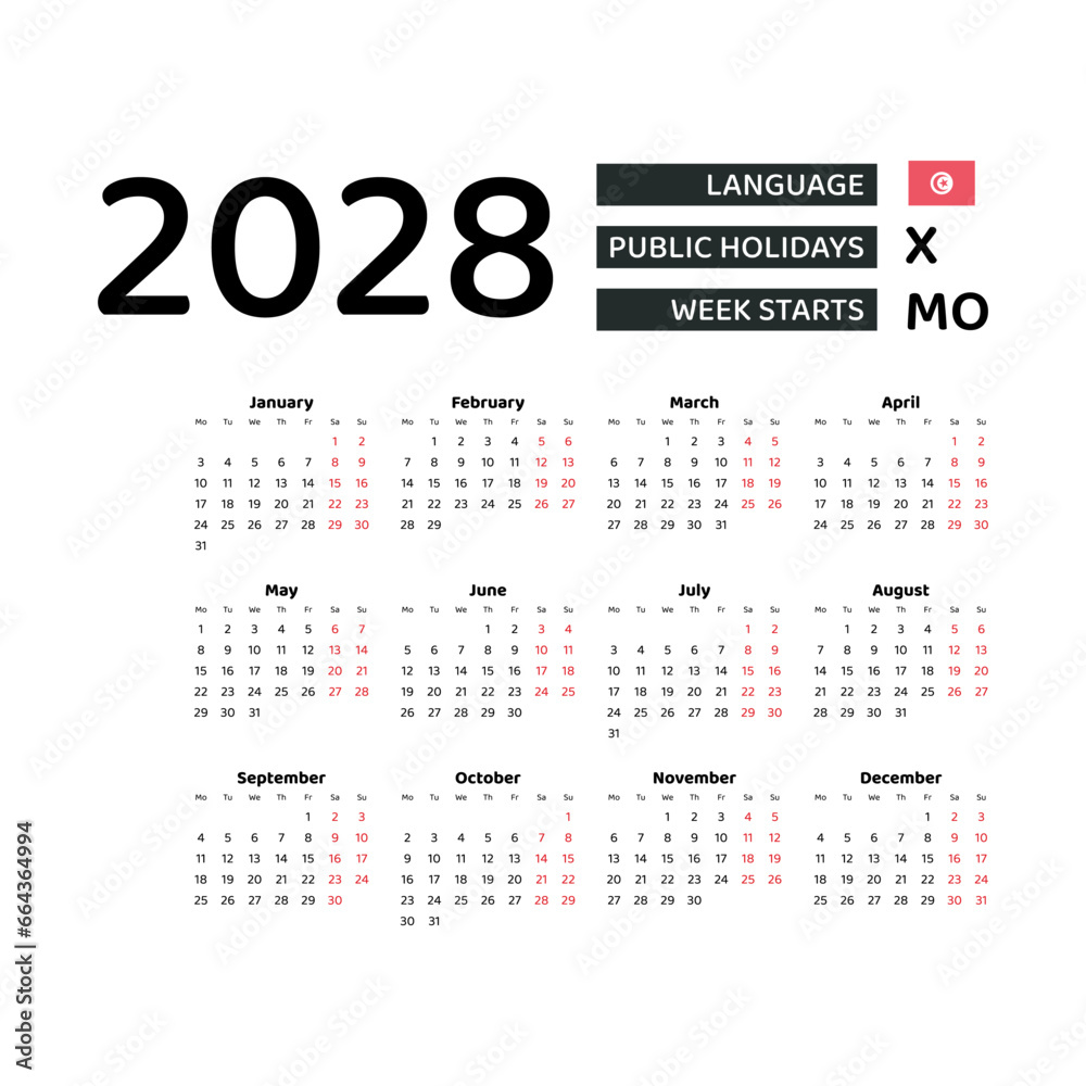 Calendar 2028 English language with Tunisia public holidays. Week starts from Monday. Graphic design vector illustration. Calendar 2028 English language with Tunisia public holidays. Week starts from Monday. Graphic design vector illustration.