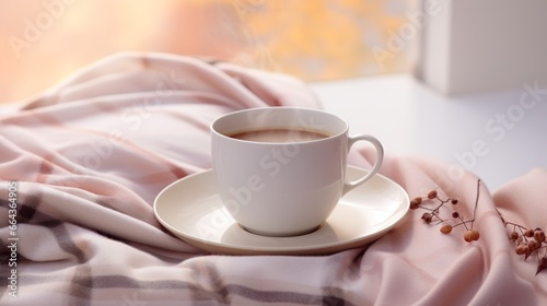 A white cup filled with hot coffee or tea and a dash of milk sits alongside a cozy ivory-colored plaid.