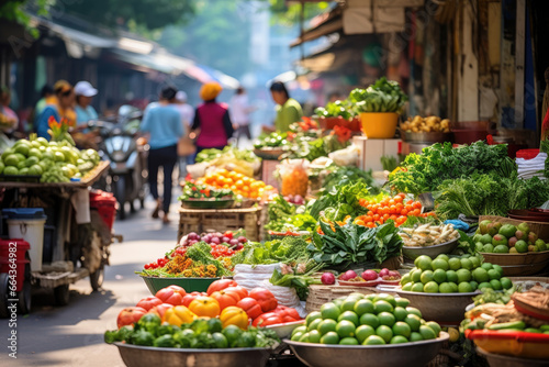 Bustling Street Market in Hanoi, Vietnam: A Cultural Experience with Vibrant Vendors and Fresh Produce.