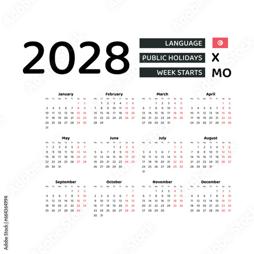 Calendar 2028 English language with Tunisia public holidays. Week starts from Monday. Graphic design vector illustration.