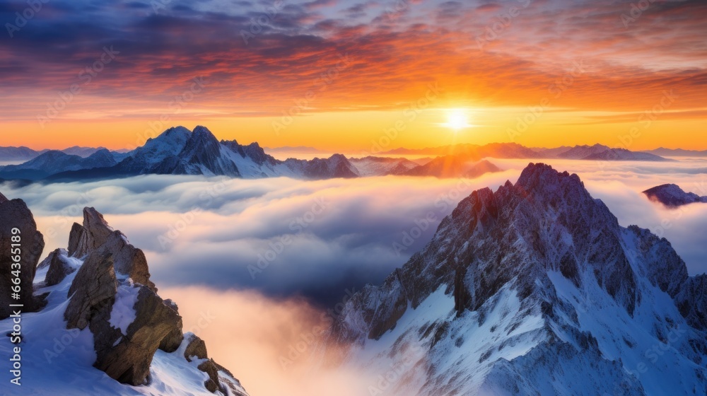 Breathtaking views from Mangart Peak at amazing sunrise. - obrazy, fototapety, plakaty 