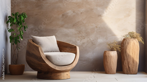 Rustic wooden barrel chair with fabric cushion and root ball wooden end table against venetian stucco wall with sand stone sculpture decor. Minimalist home interior design of modern living room