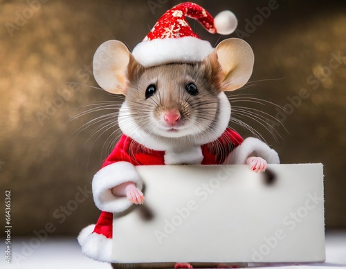 Weihnachtsmaus hält ein Schild mit Platz für Beschriftung - Weihnachtskarte, Grußkarte
