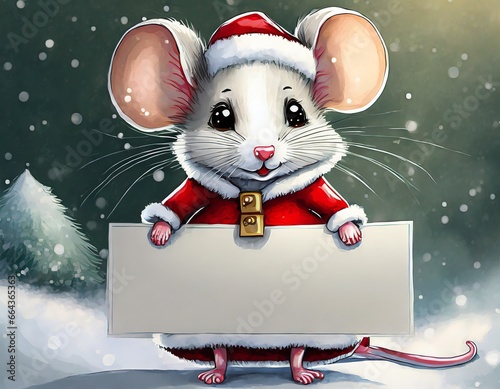 Kleine Weihnachtsmaus hält ein weißes Schild für Beschriftungen - Weihnachtskarte - Grußkarte