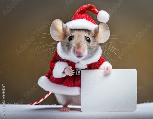 Weihnachtsmaus hält ein Schild für Beschriftung, Weihnachtskarte, Grußkarte