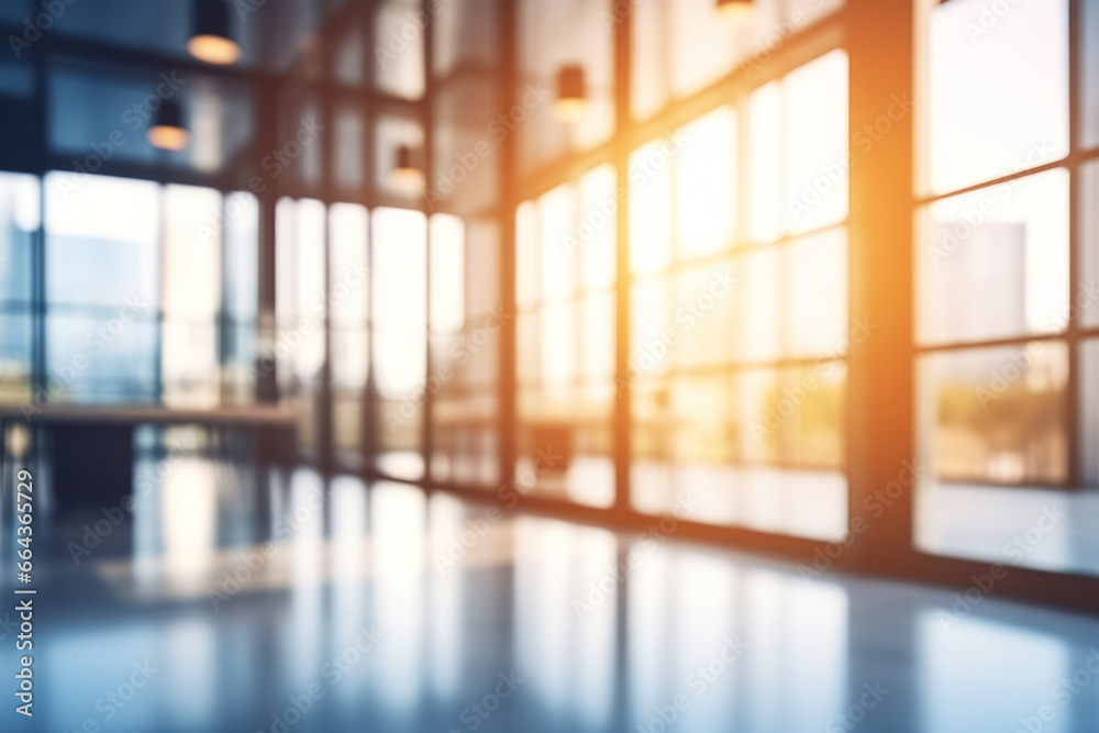 Fototapeta premium Beautiful blurred background of a light modern office interior with panoramic windows and beautiful lighting
