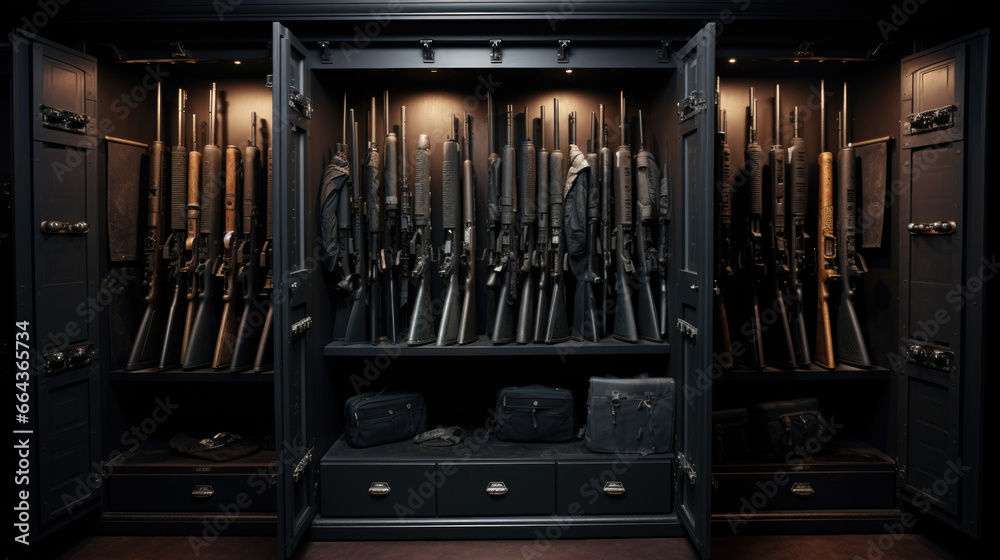 Safe for firearms. The inside of a gun Safe storage of rifles