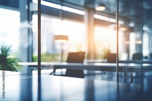 Beautiful blurred background of a light modern office interior with panoramic windows and beautiful lighting © GustavsMD