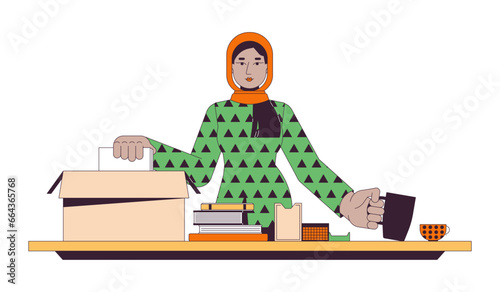Muslim hijab woman packing personal belongings 2D linear cartoon character. Young adult arab lady unpacking moving isolated line vector person white background. Preparing color flat spot illustration