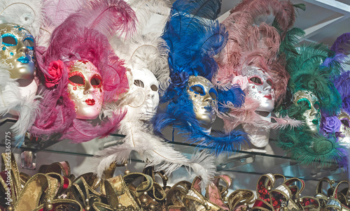 Venetian masks in store display in Venice. Annual carnival in Venice is among the most famous in Europe. symbol of Venice 