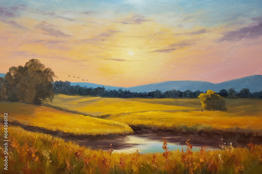 Obraz premium Fields of Radiance: An Oil Painting Capturing the Beauty of a Sunset in the Field