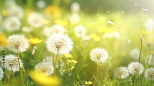 Dandelions in a meadow in the natural world in the springtime with fluffy, delicate, airy, graceful, and transparent blooms, macro. Spring floral background with copy space and soft focus.