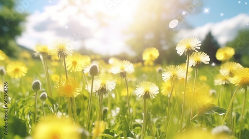 Dandelions in a meadow in the natural world in the springtime with fluffy, delicate, airy, graceful, and transparent blooms, macro. Spring floral background with copy space and soft focus.