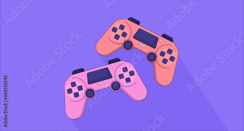 Controller joystick lofi wallpaper. Retro game consoles 2D objects cartoon flat illustration. Playing videogame together. Two players gamepads chill vector art, lo fi aesthetic colorful background