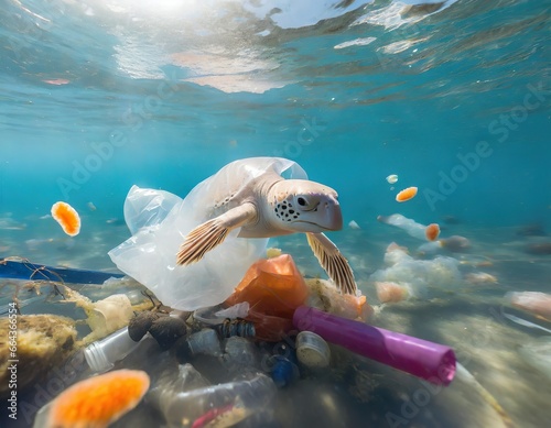 Plastikmüll im Meer, Umweltverschmutzung, Tiere unter Wasser, die im Plastikmüll schwimmen