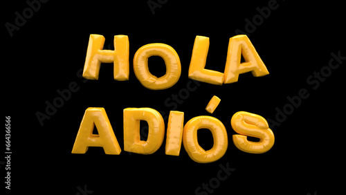 Inflatable Text Hello and Bye in Spanish language. Balloon Text. Letters. Typeface. Words. Isolated. 3d Illustration.