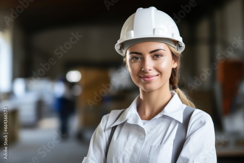 portrait of a cheerful young Professional engineer woman wearing a hard hat smiling happily and looking at the camera.