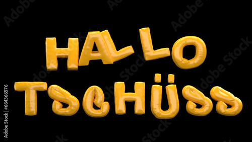 Inflatable Text Hello and Bye in German language. Balloon Text. Letters. Typeface. Words. Isolated. 3d Illustration.