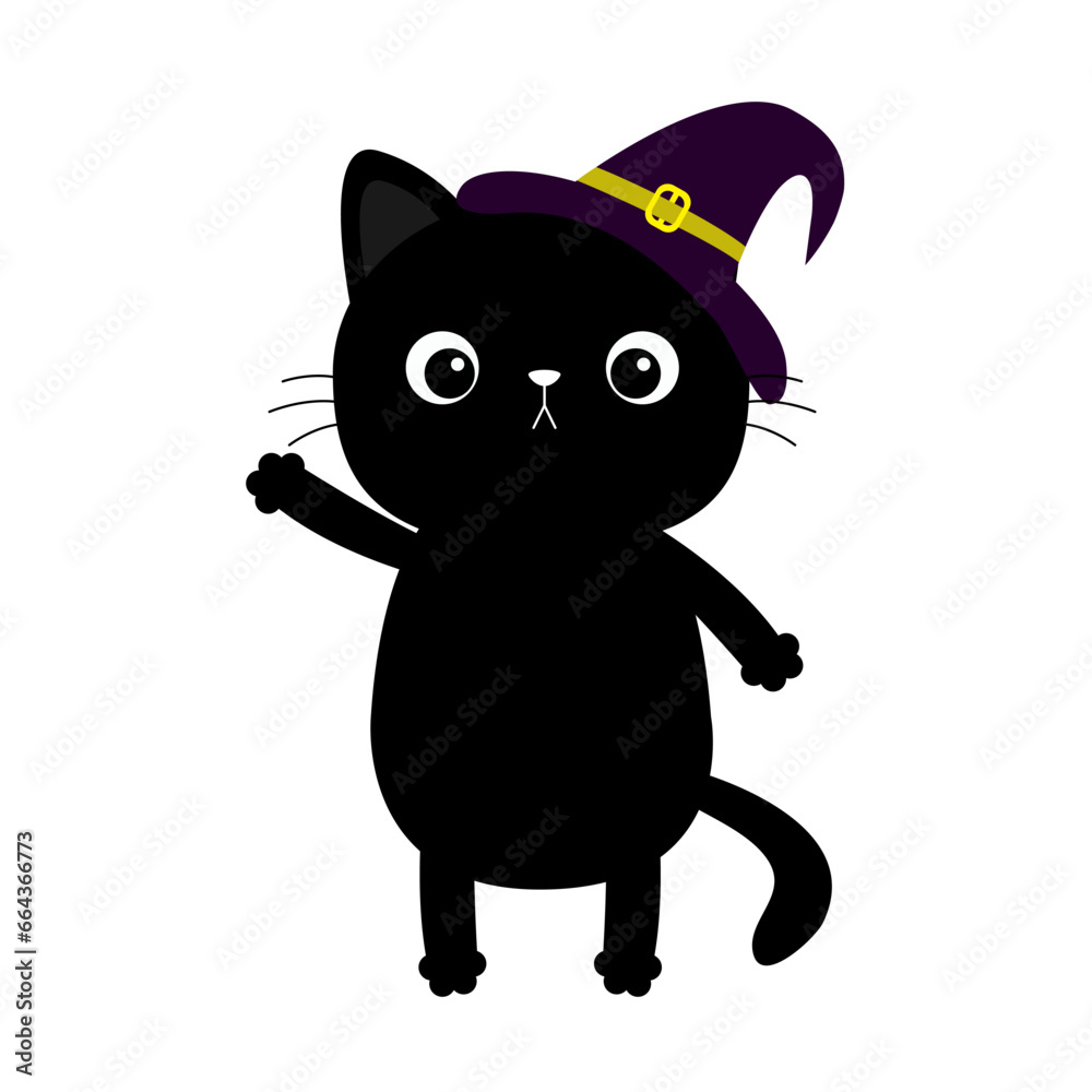 Black cat kitten kitty waving hand. Witch hat cap. Happy Halloween. Cute cartoon kawaii funny character. Baby pet animal collection. Flat design. Isolated. White background.