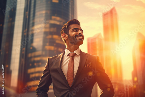 Young Indian businessman standing between tall buildings