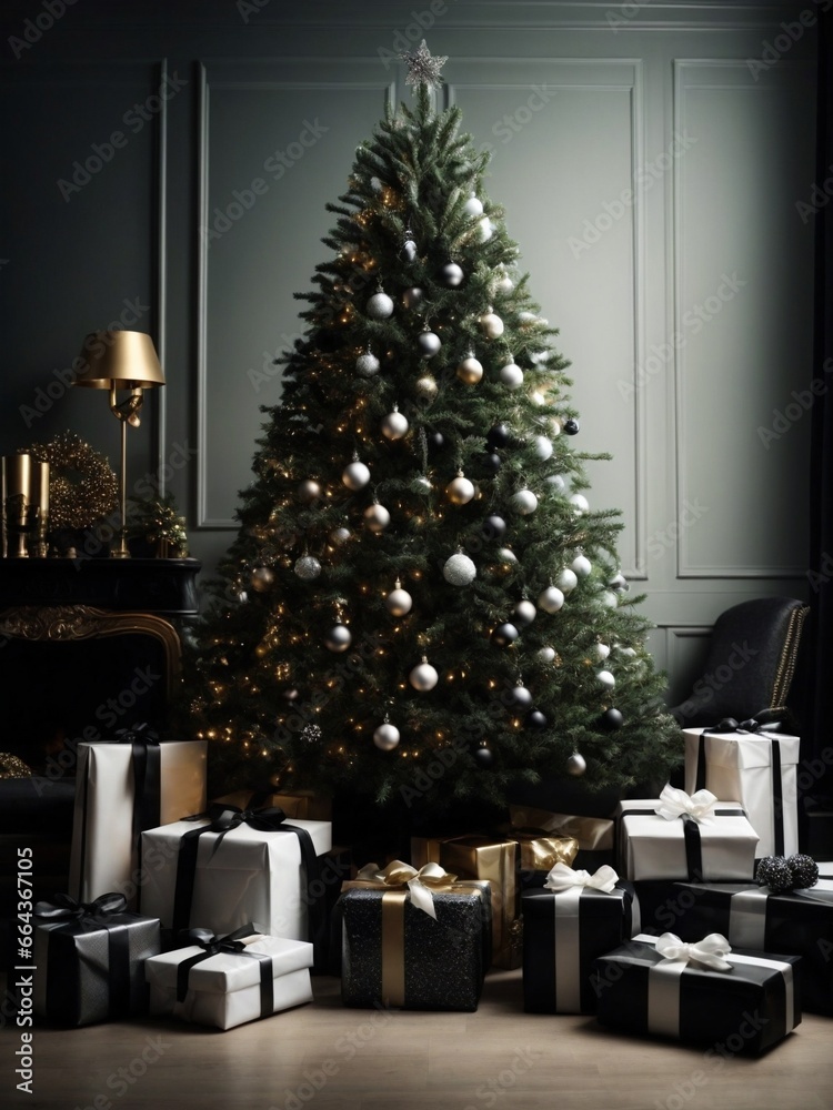 Christmas tree with golden presents and decoration, award winning fashion magazine cover photo