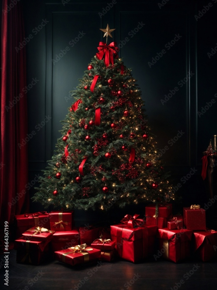Christmas tree with red presents and decoration, award winning fashion magazine cover photo