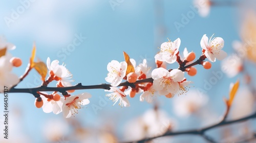 Macro shot of apricot flowering branches with a soft focus and a background of a soft light blue sky. for spring and Easter cards with copy space