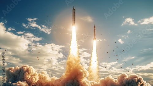 a military missile in flight against the sky. warhead or atomic bomb, chemical weapons, rocket launch. photo