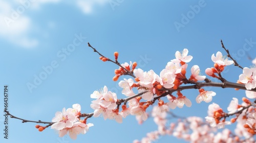 Macro shot of apricot flowering branches with a soft focus and a background of a soft light blue sky. for spring and Easter cards with copy space