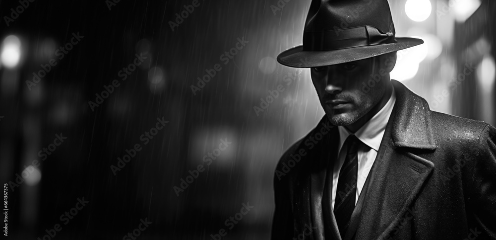Film noir movie, portrait of 40s detective standing in the rain. With copy space. 