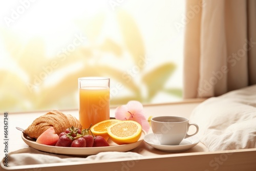 A husband in love brings his wife breakfast