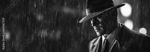 Film noir movie, portrait of 40s detective standing in the rain. With copy space.  photo