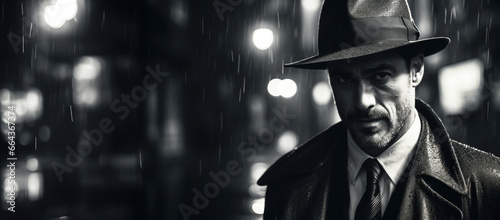 Film noir movie, portrait of 40s detective standing in the rain. With copy space.  photo
