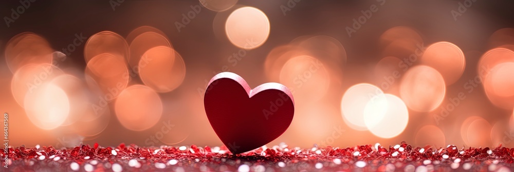 out of focus blurred red valentine day background with hearts and bokeh with room for text copy.