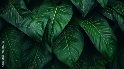 Natural background, abstract. Dark green tropical leaf with lovely texture, macro.