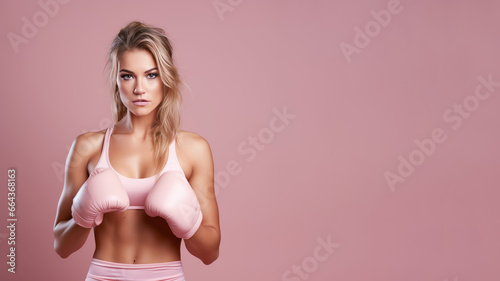 A boxer woman in boxing wear isolated on pastel background © pariketan