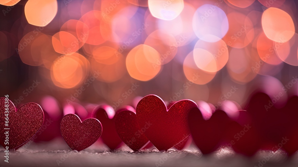 out of focus blurred red valentine day background with hearts and bokeh with room for text copy.