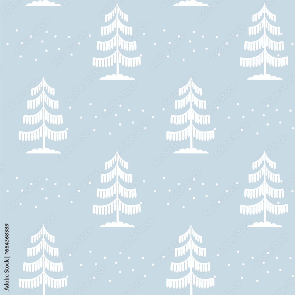 Christmas tree seamless pattern. Winter forest in snow Noel print, New year holidays decoration, blue background with fir tree, wallpaper, wrapping paper design, decor, gift wrap.