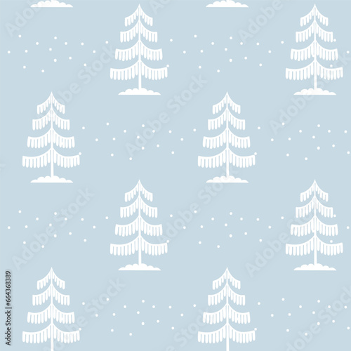 Christmas tree seamless pattern. Winter forest in snow Noel print, New year holidays decoration, blue background with fir tree, wallpaper, wrapping paper design, decor, gift wrap. © Good Goods