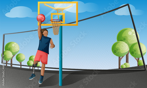 Man with prosthesis on the basketball court. Disabled man with prosthetic leg plays basketball. Disabled technology and lifestyle